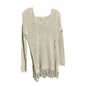 Project Women's Size XS Sweater Tie Neck Hooded Cream Open Knit Fringe Hem